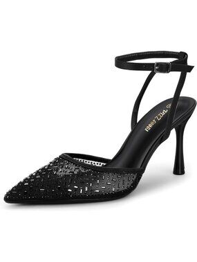 Women's High Heels Stiletto Pumps Black Closed Toe Sparkly Rhinestones Ankle